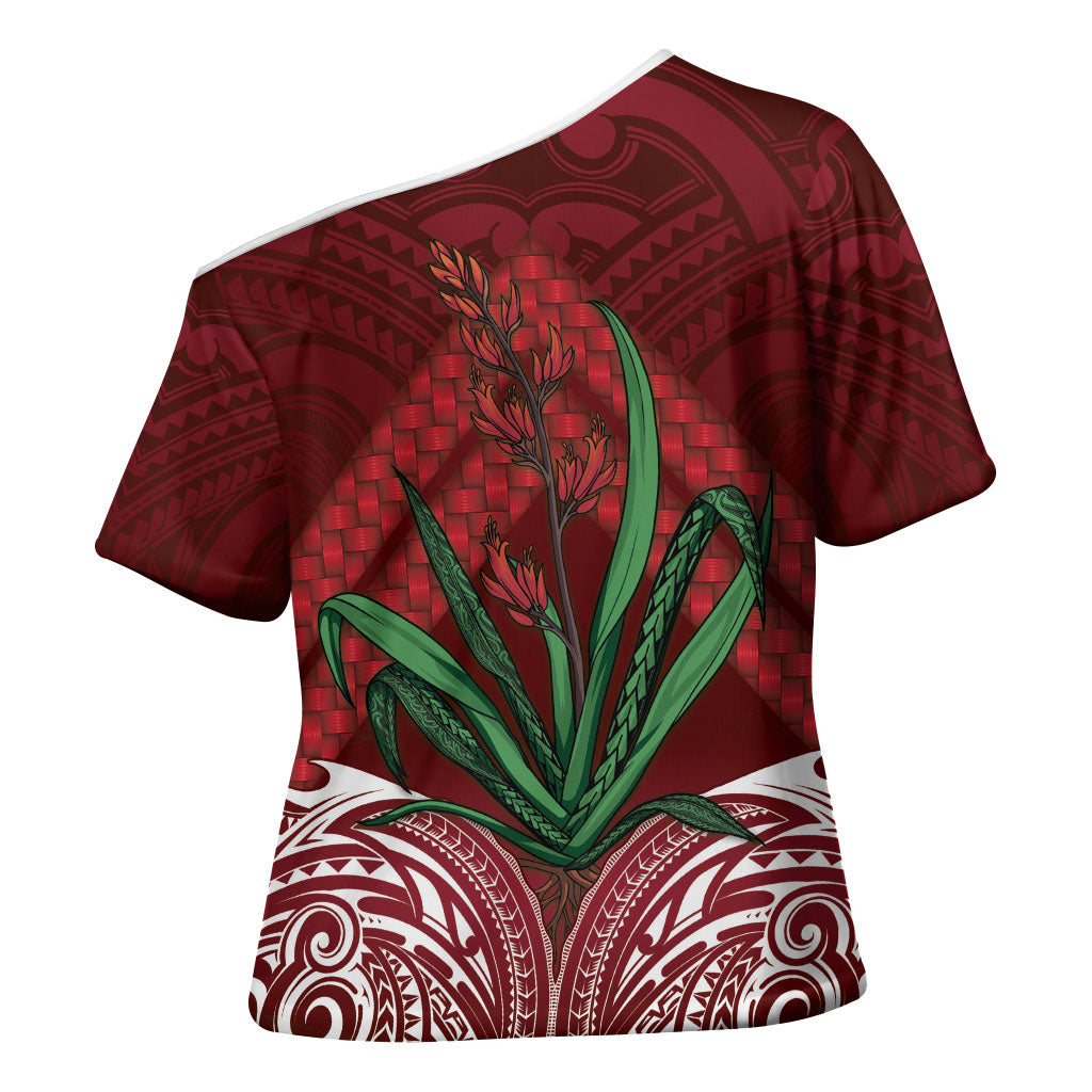 Rongoa Maori New Zealand Harakeke Cross Shoulder Shirt NZ Weaving Pattern Red