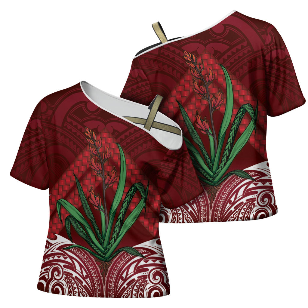 Rongoa Maori New Zealand Harakeke Cross Shoulder Shirt NZ Weaving Pattern Red
