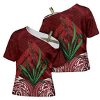 Rongoa Maori New Zealand Harakeke Cross Shoulder Shirt NZ Weaving Pattern Red