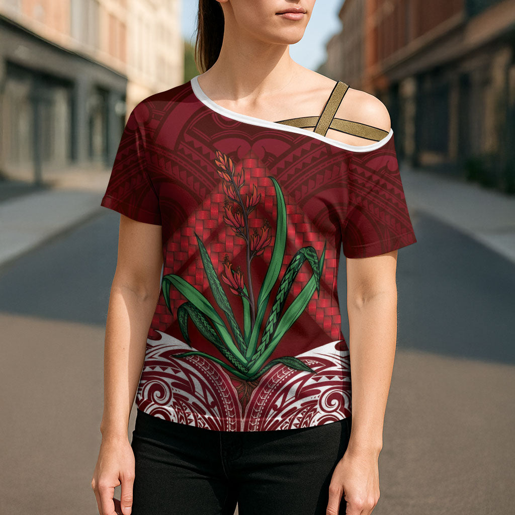 Rongoa Maori New Zealand Harakeke Cross Shoulder Shirt NZ Weaving Pattern Red