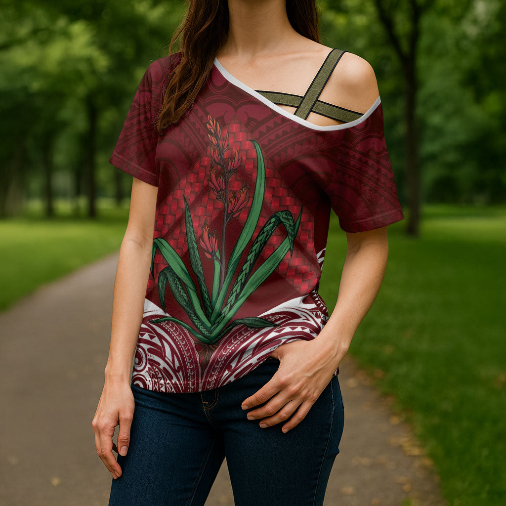 Rongoa Maori New Zealand Harakeke Cross Shoulder Shirt NZ Weaving Pattern Red