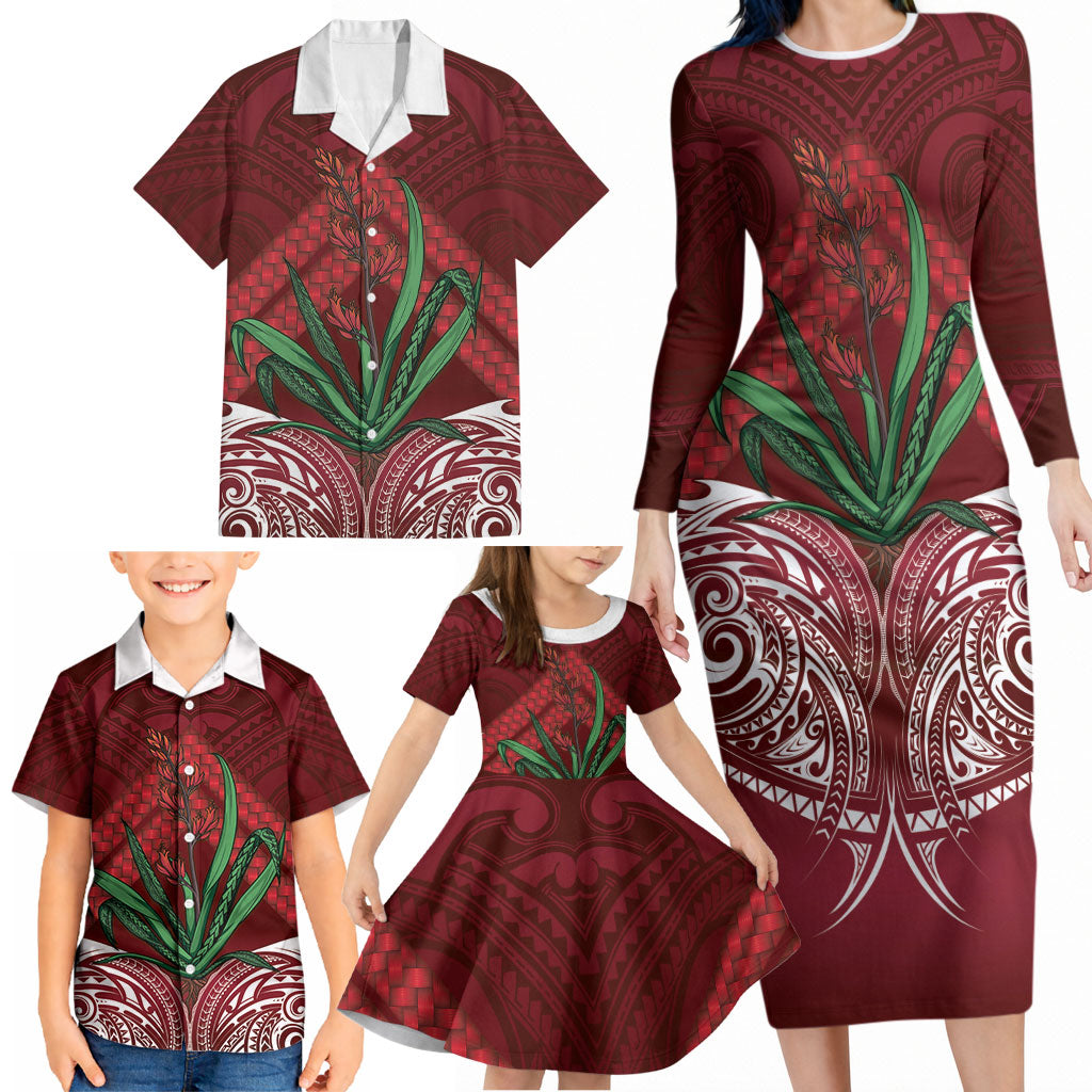 Rongoa Maori New Zealand Harakeke Family Matching Long Sleeve Bodycon Dress and Hawaiian Shirt NZ Weaving Pattern Red