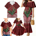 Rongoa Maori New Zealand Harakeke Family Matching Mermaid Dress and Hawaiian Shirt NZ Weaving Pattern Red