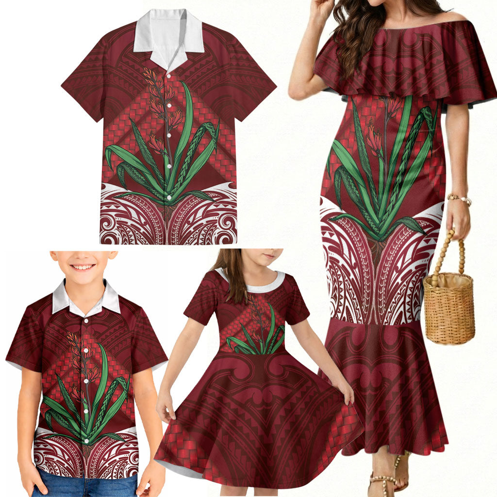 Rongoa Maori New Zealand Harakeke Family Matching Mermaid Dress and Hawaiian Shirt NZ Weaving Pattern Red