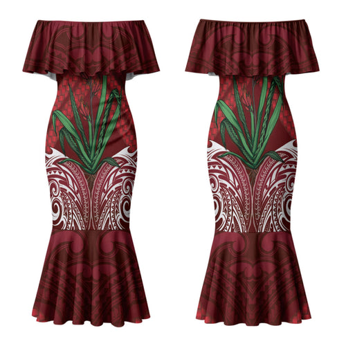 Rongoa Maori New Zealand Harakeke Family Matching Mermaid Dress and Hawaiian Shirt NZ Weaving Pattern Red