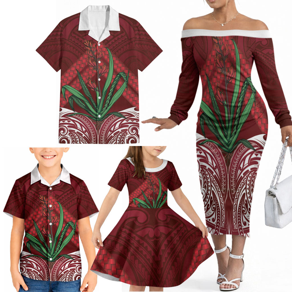 Rongoa Maori New Zealand Harakeke Family Matching Off The Shoulder Long Sleeve Dress and Hawaiian Shirt NZ Weaving Pattern Red