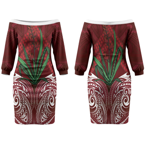 Rongoa Maori New Zealand Harakeke Family Matching Off The Shoulder Long Sleeve Dress and Hawaiian Shirt NZ Weaving Pattern Red