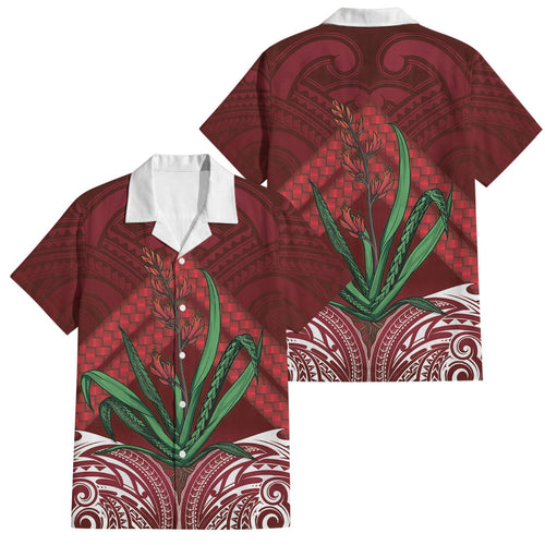 Rongoa Maori New Zealand Harakeke Family Matching Off The Shoulder Long Sleeve Dress and Hawaiian Shirt NZ Weaving Pattern Red