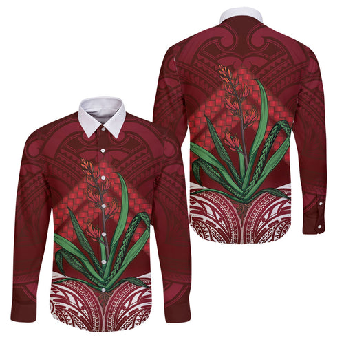 Rongoa Maori New Zealand Harakeke Family Matching Off The Shoulder Long Sleeve Dress and Hawaiian Shirt NZ Weaving Pattern Red