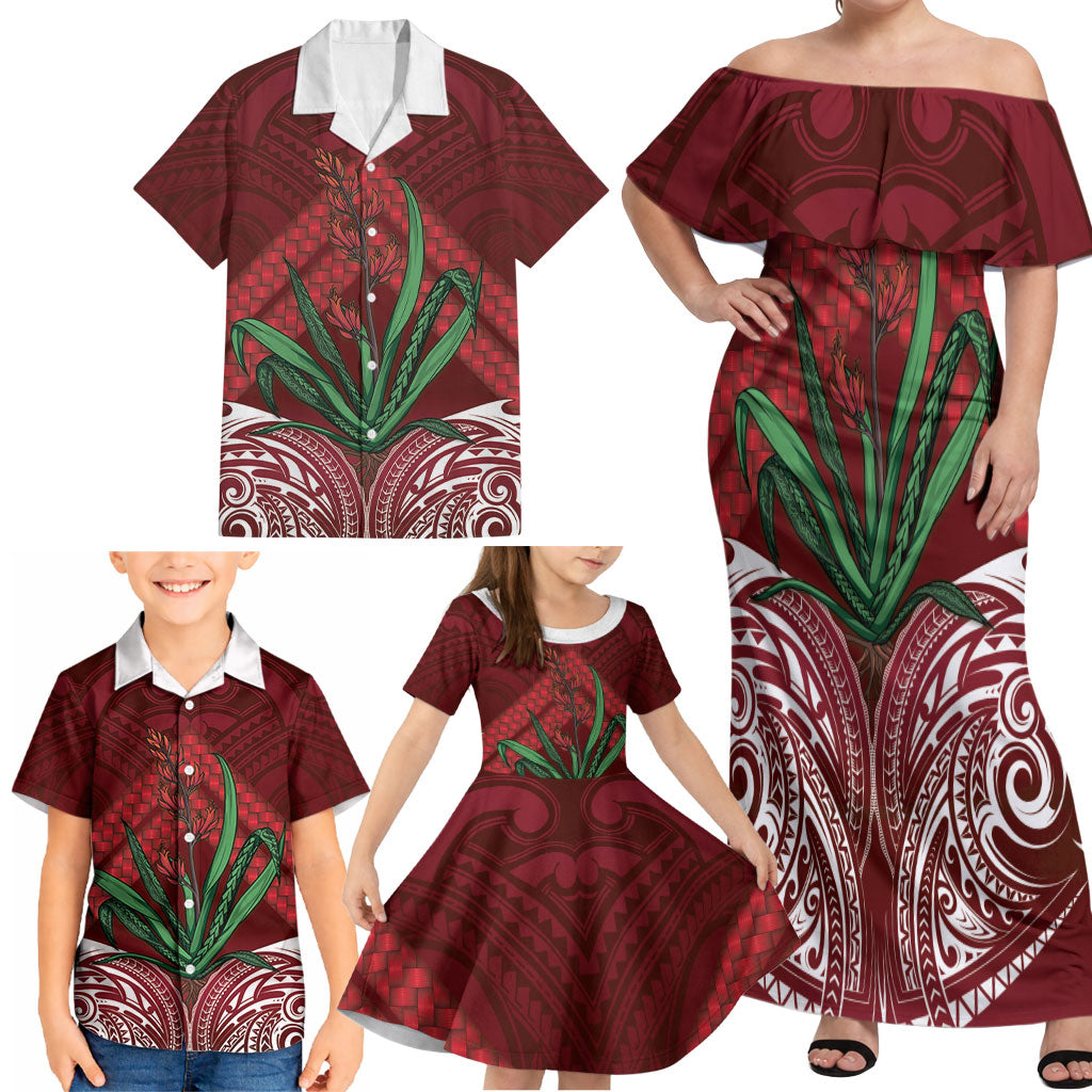 Rongoa Maori New Zealand Harakeke Family Matching Off Shoulder Maxi Dress and Hawaiian Shirt NZ Weaving Pattern Red