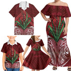 Rongoa Maori New Zealand Harakeke Family Matching Off Shoulder Maxi Dress and Hawaiian Shirt NZ Weaving Pattern Red