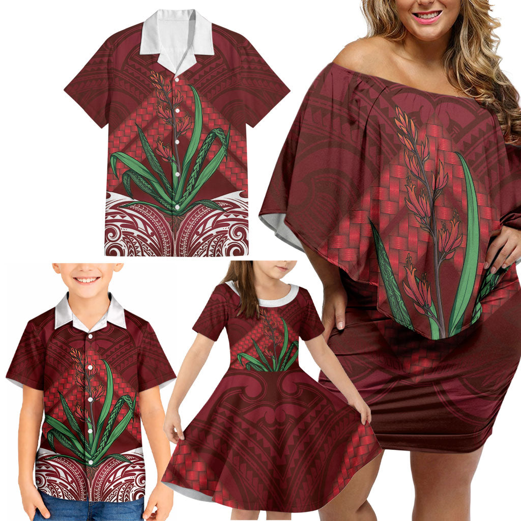 Rongoa Maori New Zealand Harakeke Family Matching Off Shoulder Short Dress and Hawaiian Shirt NZ Weaving Pattern Red