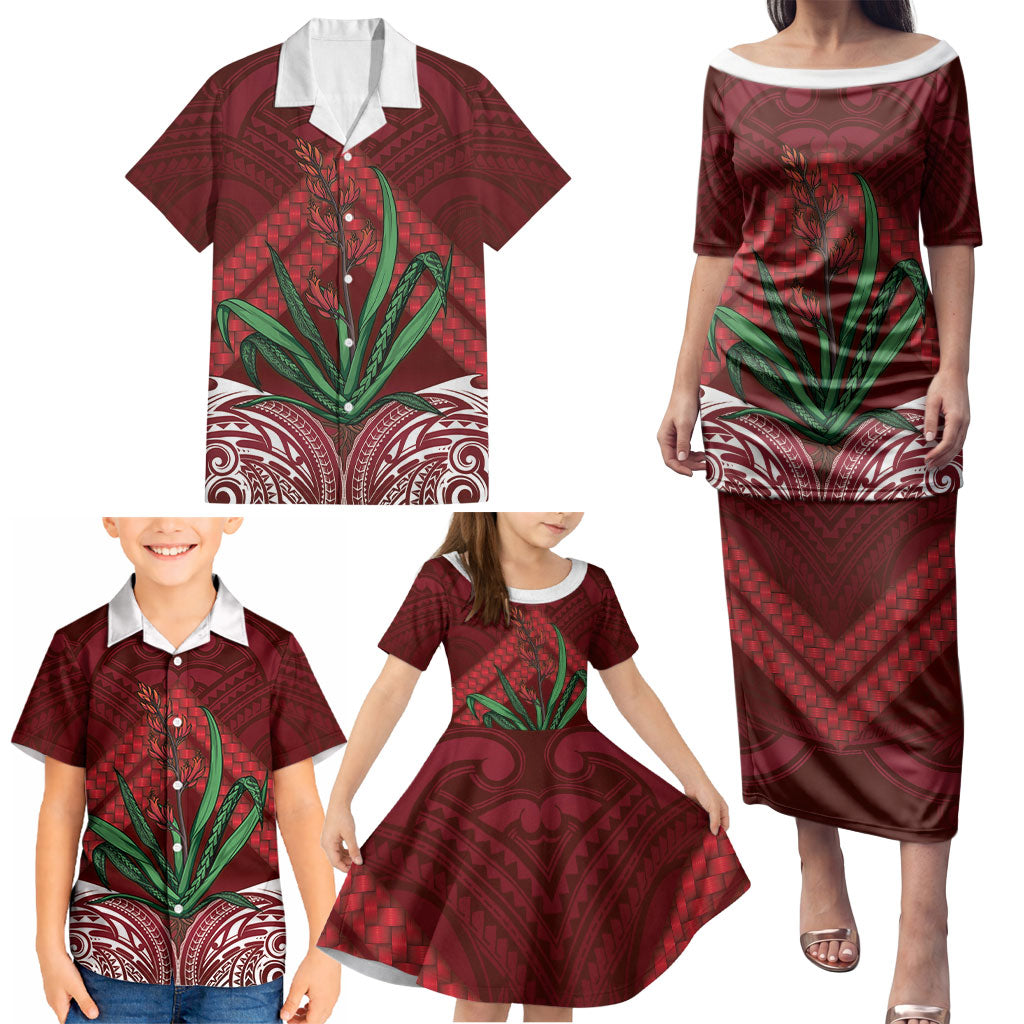 Rongoa Maori New Zealand Harakeke Family Matching Puletasi and Hawaiian Shirt NZ Weaving Pattern Red