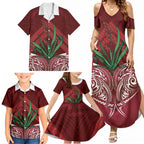 Rongoa Maori New Zealand Harakeke Family Matching Summer Maxi Dress and Hawaiian Shirt NZ Weaving Pattern Red