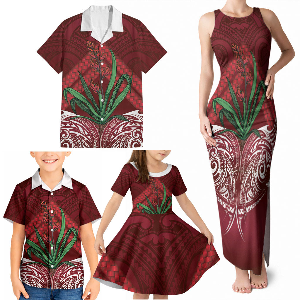 Rongoa Maori New Zealand Harakeke Family Matching Tank Maxi Dress and Hawaiian Shirt NZ Weaving Pattern Red