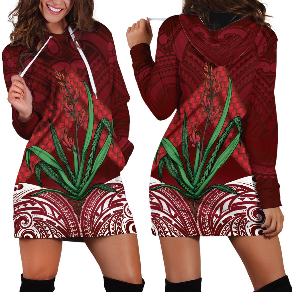 Rongoa Maori New Zealand Harakeke Hoodie Dress NZ Weaving Pattern Red