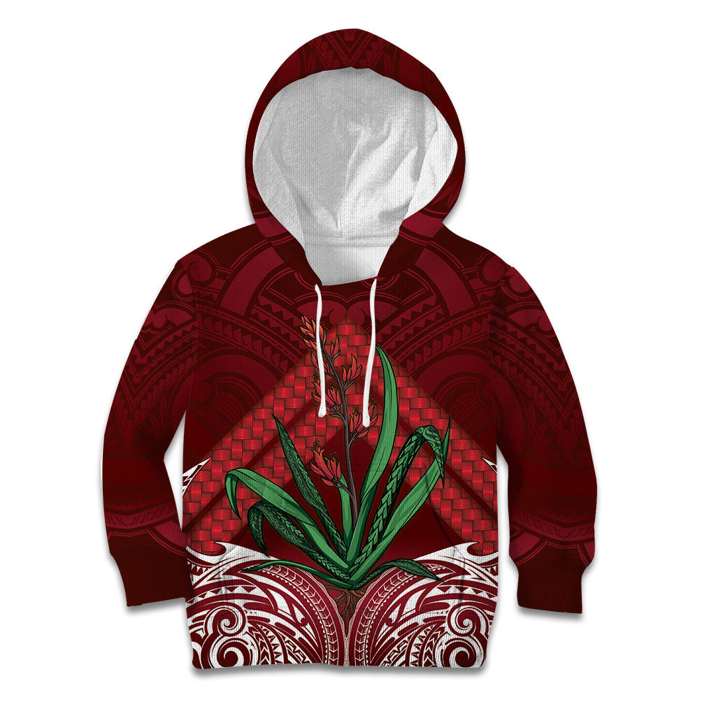 Rongoa Maori New Zealand Harakeke Kid Hoodie NZ Weaving Pattern Red