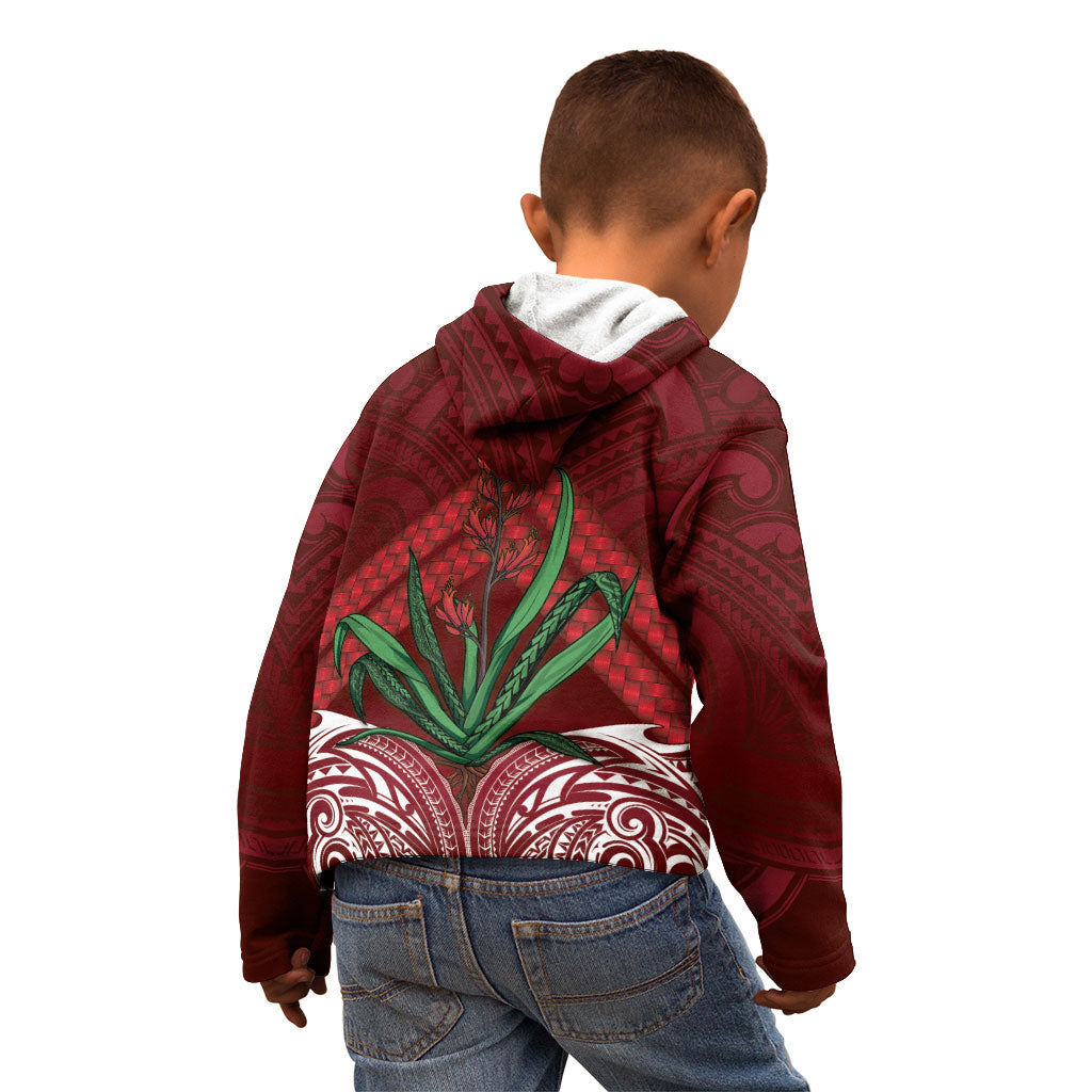 Rongoa Maori New Zealand Harakeke Kid Hoodie NZ Weaving Pattern Red