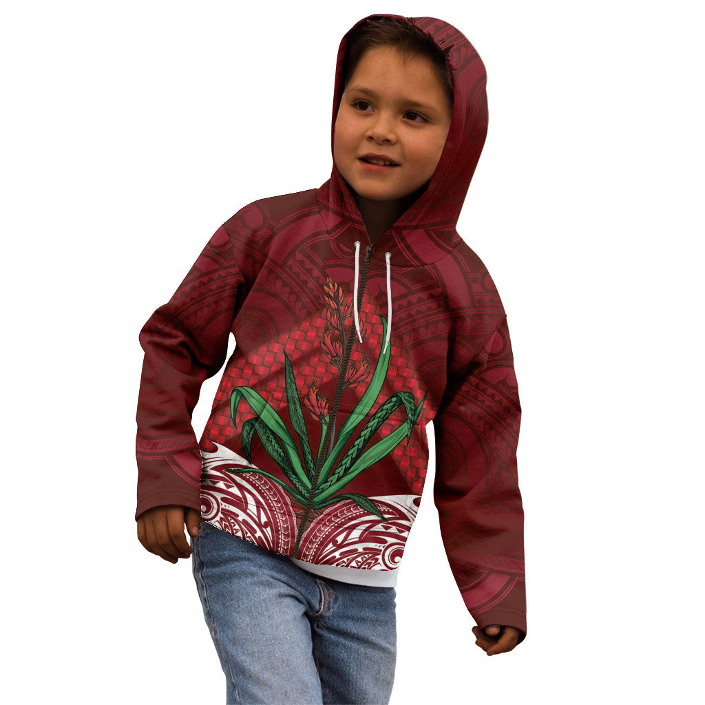 Rongoa Maori New Zealand Harakeke Kid Hoodie NZ Weaving Pattern Red