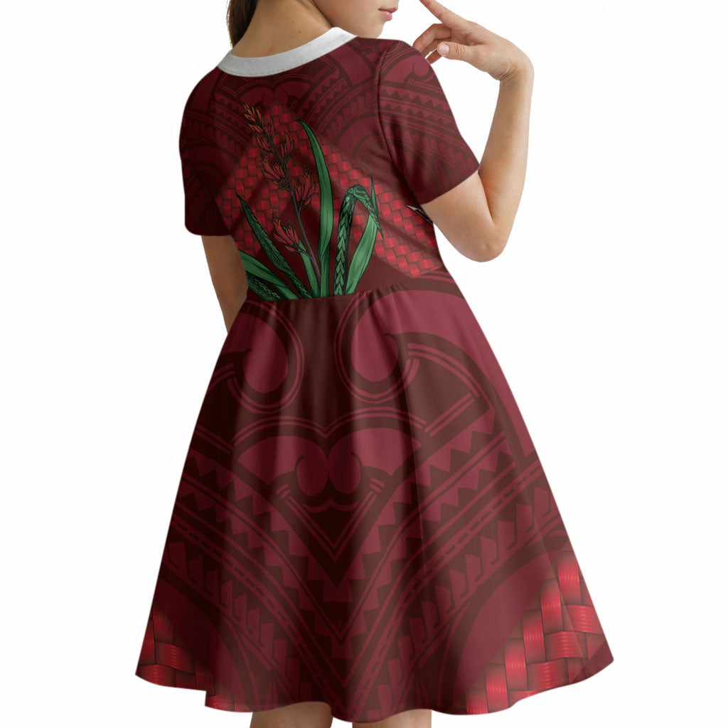 Rongoa Maori New Zealand Harakeke Kid Short Sleeve Dress NZ Weaving Pattern Red