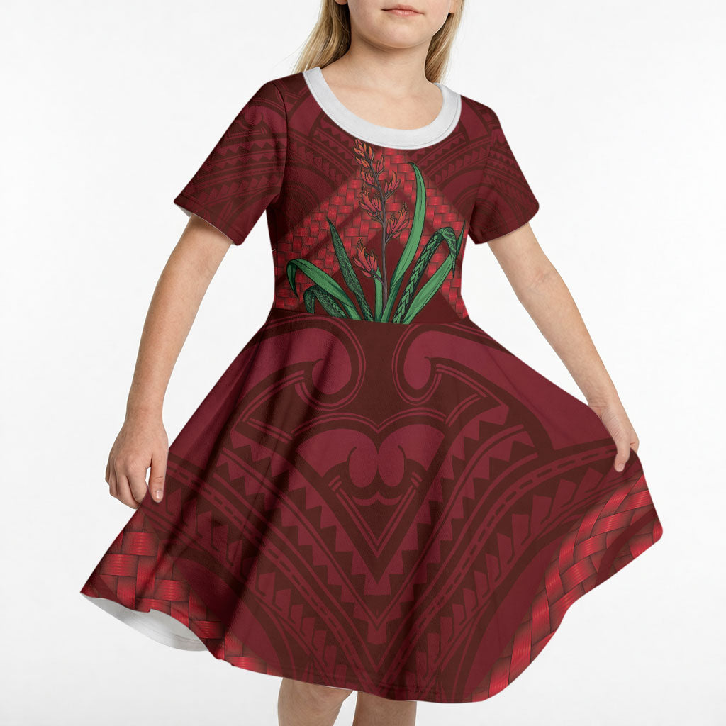 Rongoa Maori New Zealand Harakeke Kid Short Sleeve Dress NZ Weaving Pattern Red