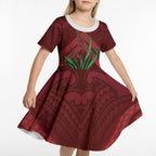 Rongoa Maori New Zealand Harakeke Kid Short Sleeve Dress NZ Weaving Pattern Red