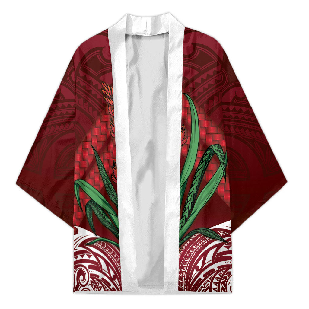 Rongoa Maori New Zealand Harakeke Kimono NZ Weaving Pattern Red