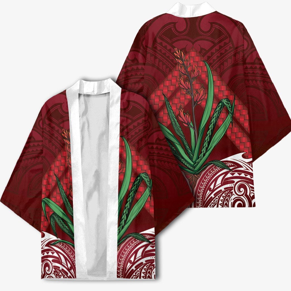 Rongoa Maori New Zealand Harakeke Kimono NZ Weaving Pattern Red