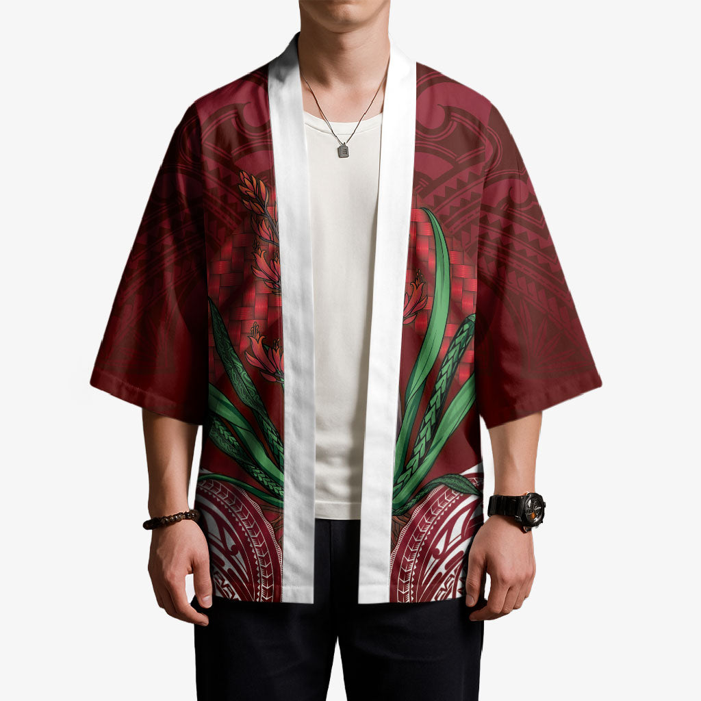 Rongoa Maori New Zealand Harakeke Kimono NZ Weaving Pattern Red