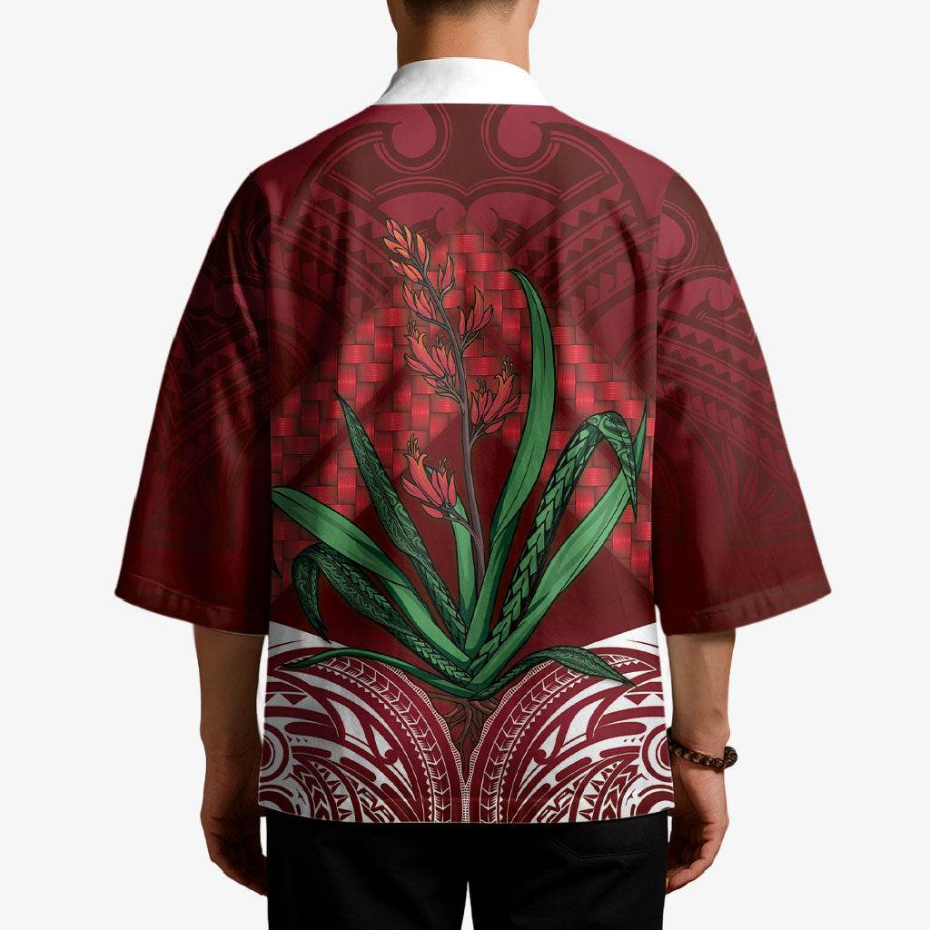 Rongoa Maori New Zealand Harakeke Kimono NZ Weaving Pattern Red