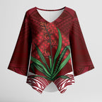 Rongoa Maori New Zealand Harakeke Kimono Sleeve Blouse NZ Weaving Pattern Red