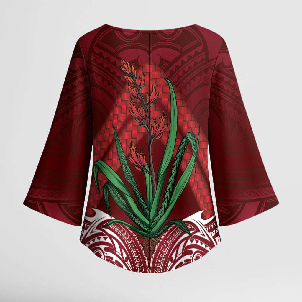 Rongoa Maori New Zealand Harakeke Kimono Sleeve Blouse NZ Weaving Pattern Red