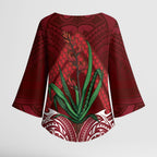 Rongoa Maori New Zealand Harakeke Kimono Sleeve Blouse NZ Weaving Pattern Red