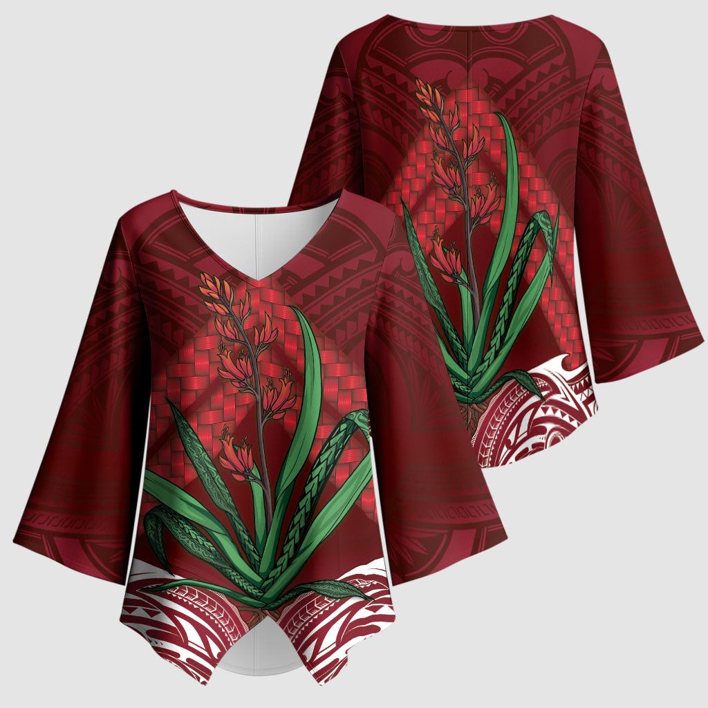 Rongoa Maori New Zealand Harakeke Kimono Sleeve Blouse NZ Weaving Pattern Red