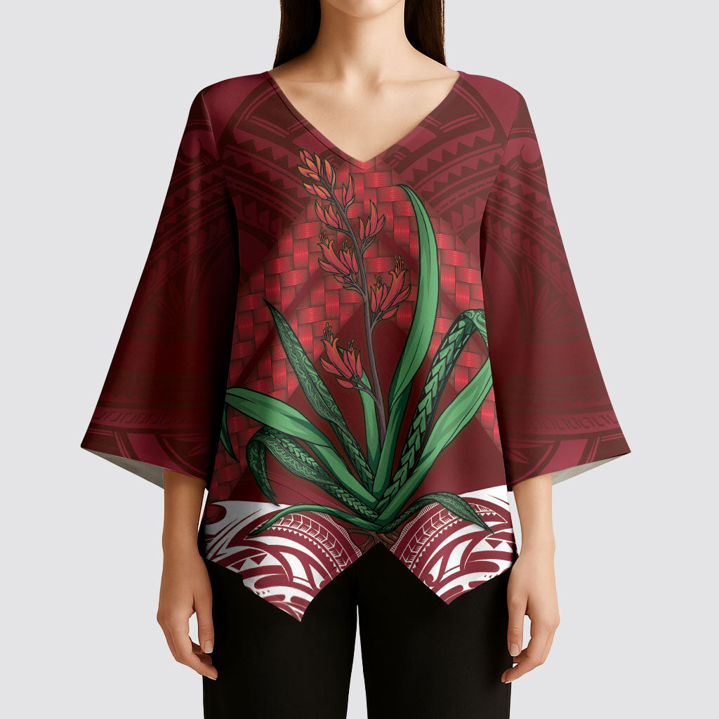 Rongoa Maori New Zealand Harakeke Kimono Sleeve Blouse NZ Weaving Pattern Red