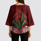 Rongoa Maori New Zealand Harakeke Kimono Sleeve Blouse NZ Weaving Pattern Red