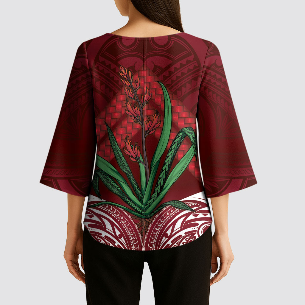 Rongoa Maori New Zealand Harakeke Kimono Sleeve Blouse NZ Weaving Pattern Red