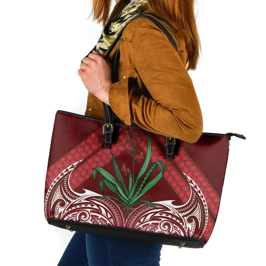 Rongoa Maori New Zealand Harakeke Leather Tote Bag NZ Weaving Pattern Red