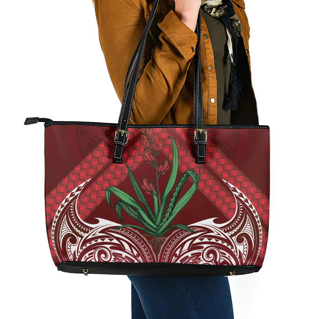 Rongoa Maori New Zealand Harakeke Leather Tote Bag NZ Weaving Pattern Red