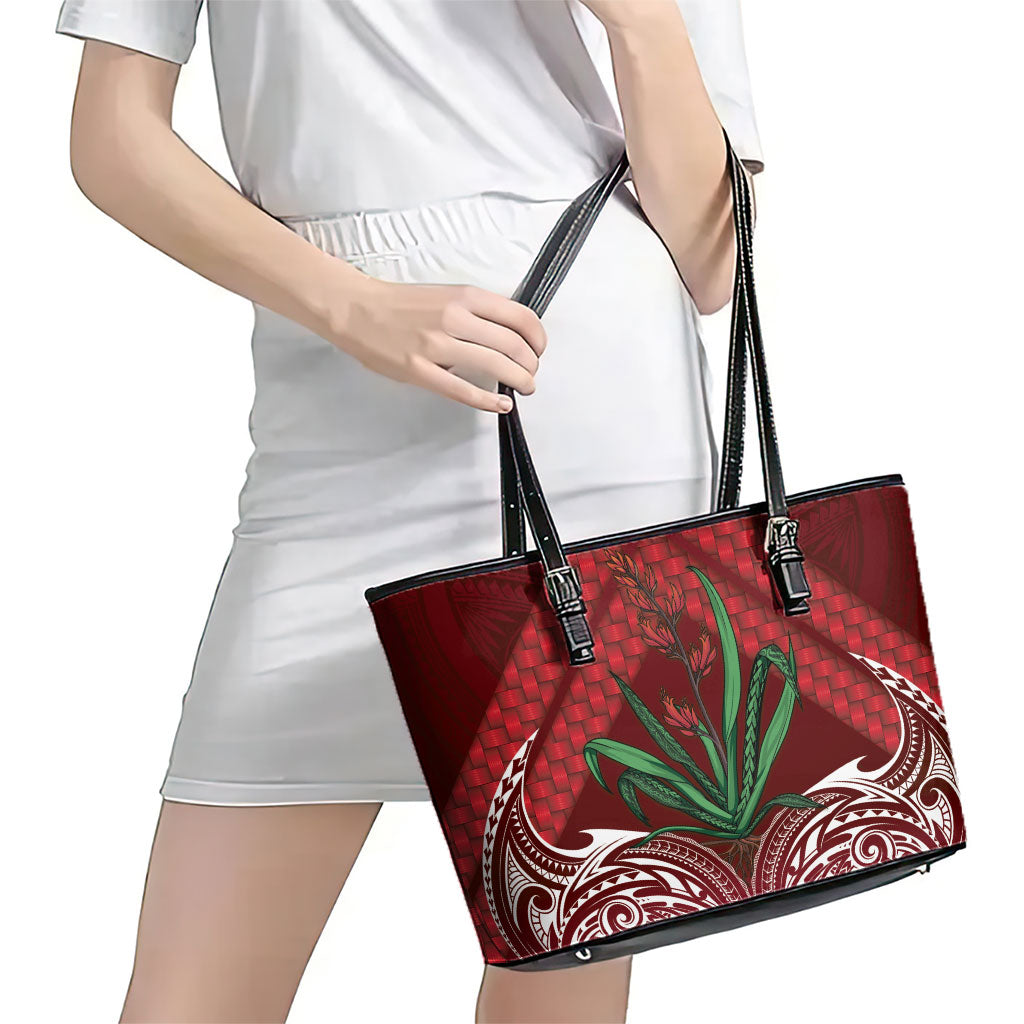 Rongoa Maori New Zealand Harakeke Leather Tote Bag NZ Weaving Pattern Red