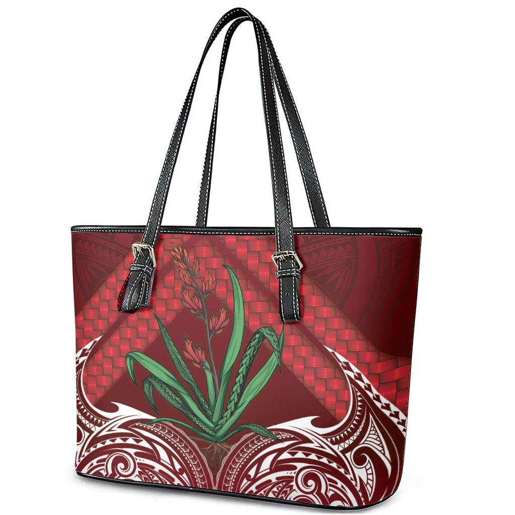 Rongoa Maori New Zealand Harakeke Leather Tote Bag NZ Weaving Pattern Red