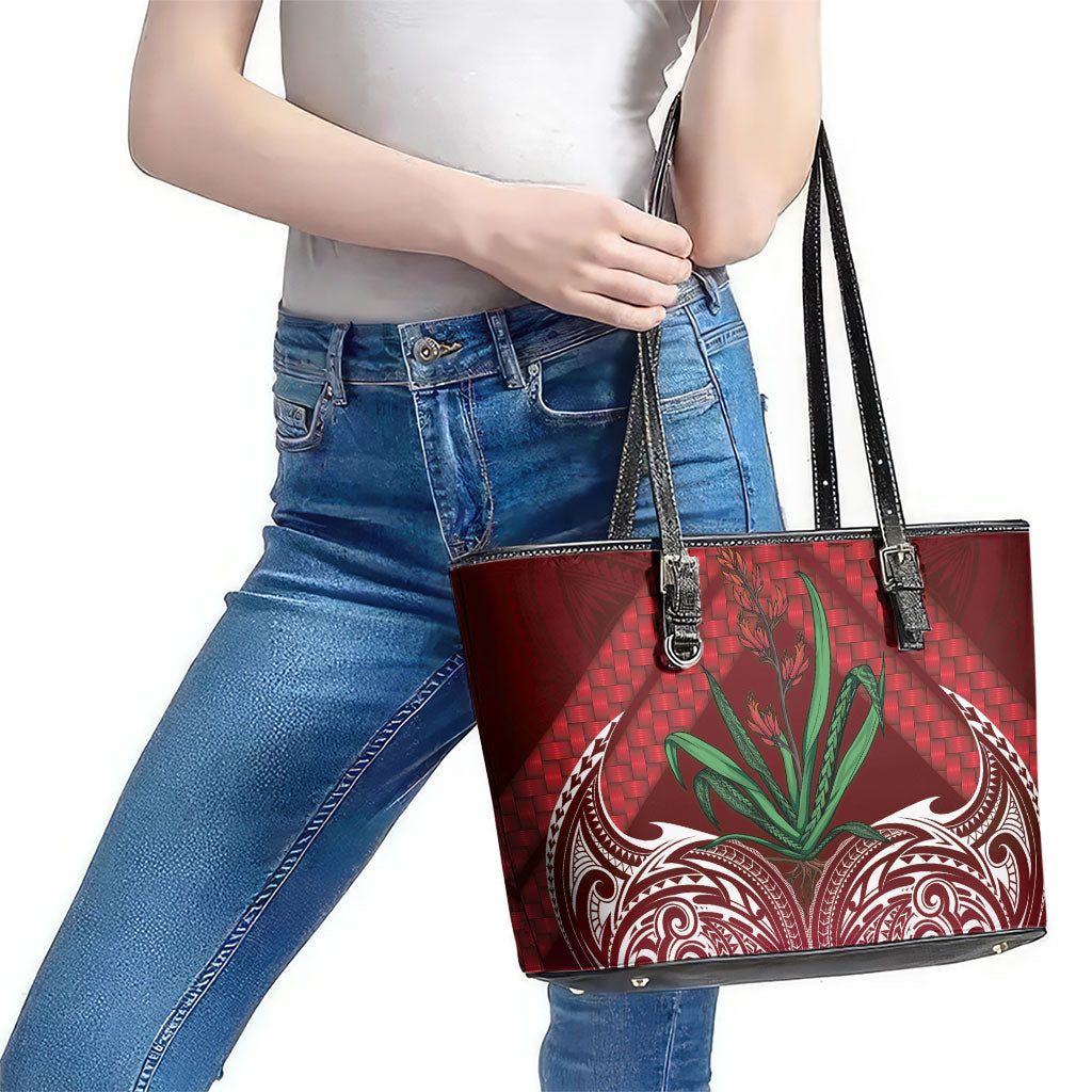 Rongoa Maori New Zealand Harakeke Leather Tote Bag NZ Weaving Pattern Red
