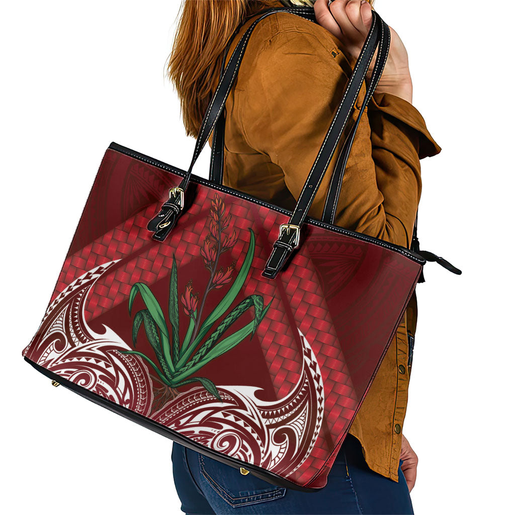 Rongoa Maori New Zealand Harakeke Leather Tote Bag NZ Weaving Pattern Red