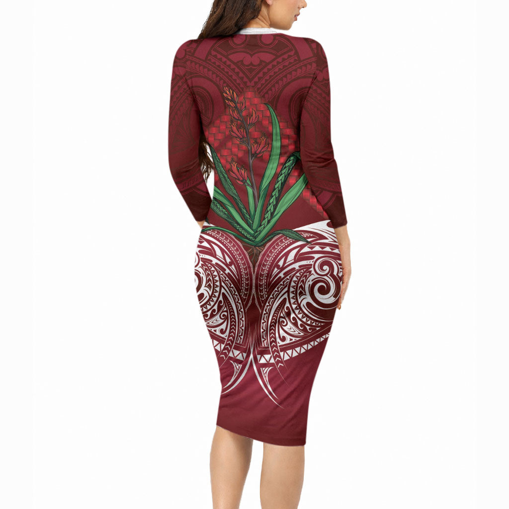 Rongoa Maori New Zealand Harakeke Long Sleeve Bodycon Dress NZ Weaving Pattern Red