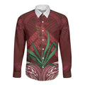 Rongoa Maori New Zealand Harakeke Long Sleeve Button Shirt NZ Weaving Pattern Red