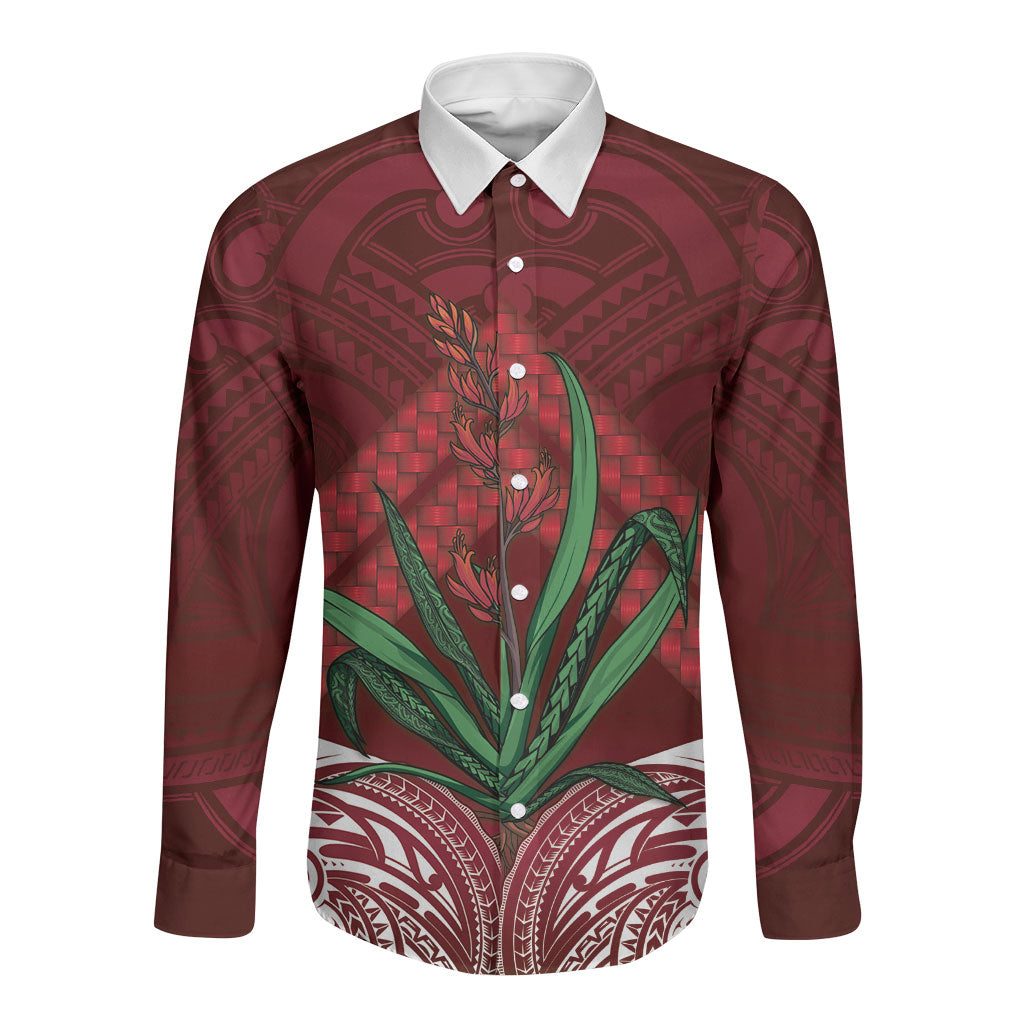 Rongoa Maori New Zealand Harakeke Long Sleeve Button Shirt NZ Weaving Pattern Red