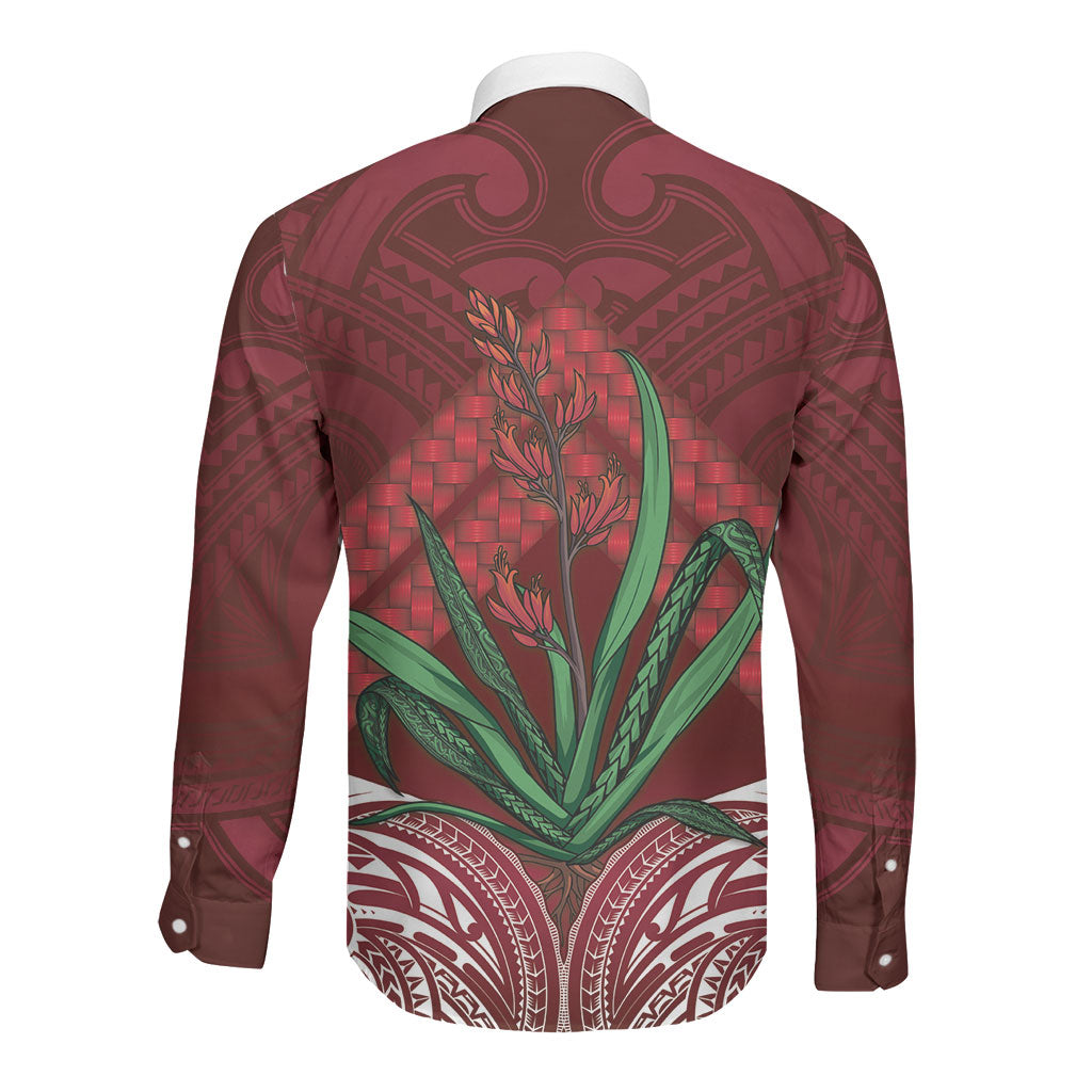 Rongoa Maori New Zealand Harakeke Long Sleeve Button Shirt NZ Weaving Pattern Red
