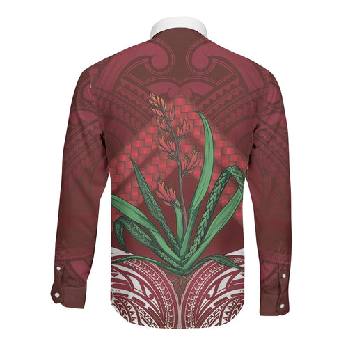 Rongoa Maori New Zealand Harakeke Long Sleeve Button Shirt NZ Weaving Pattern Red