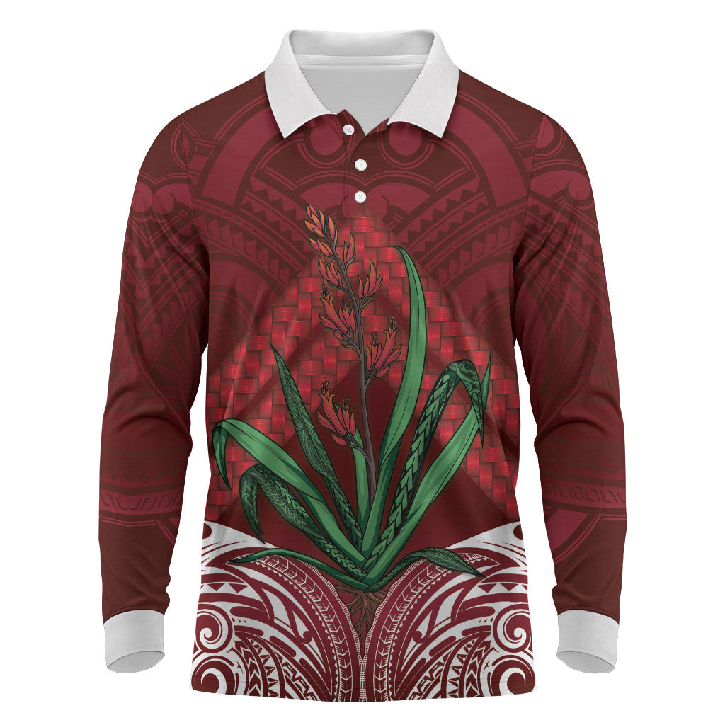 Rongoa Maori New Zealand Harakeke Long Sleeve Polo Shirt NZ Weaving Pattern Red