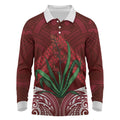 Rongoa Maori New Zealand Harakeke Long Sleeve Polo Shirt NZ Weaving Pattern Red